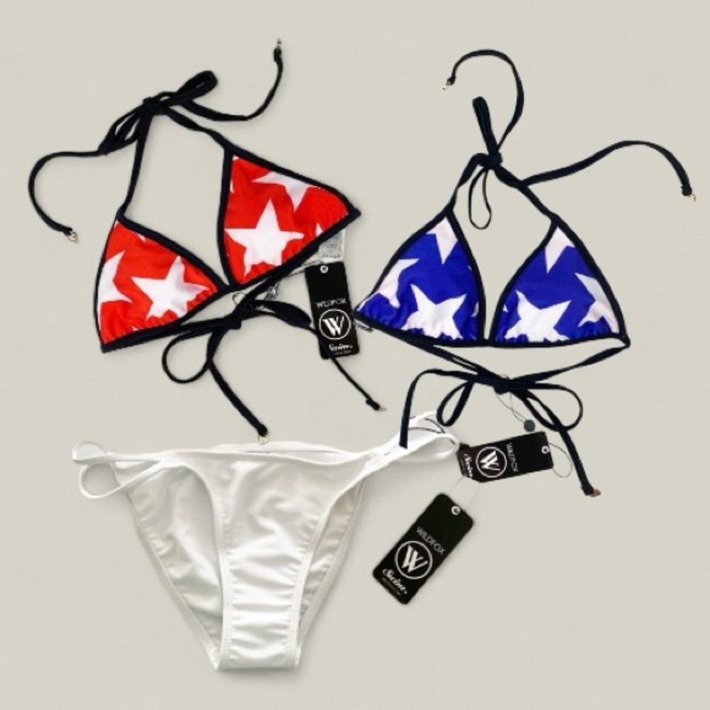 Wildfox Reversible Star Print Bikini Top & White Bikini Bottoms